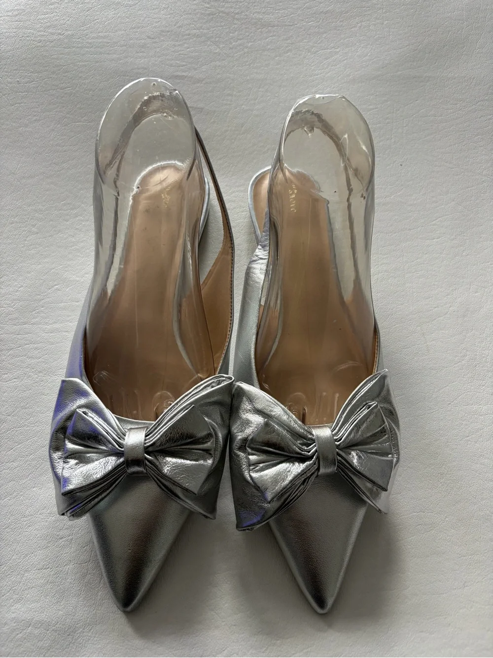 Anthropologie Maeve Bow Sling Back Flats 10M Metallic Festive Pointed Toe Silver